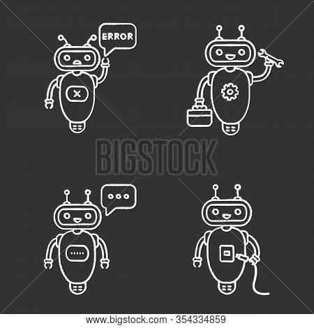 Chatbots Chalk Icons Set. Talkbots. Virtual Assistants. Typing, Error, Usb, Buy Chat Bots. Modern Ro