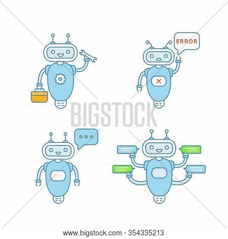 Chatbots Color Icons Set. Talkbots. Virtual Assistants. Support Service, Typing, Error, Repair Chat 