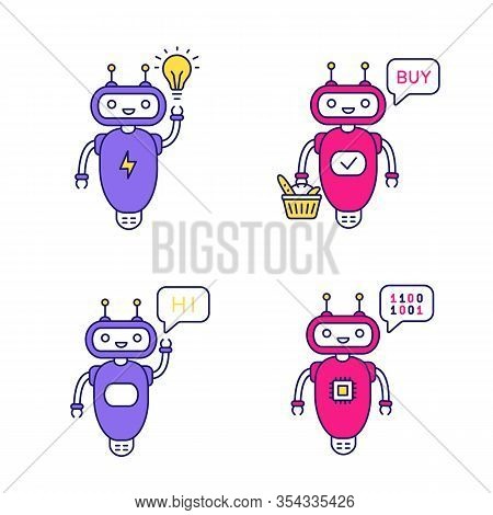 Chatbots Color Icons Set. Talkbots. Virtual Assistants. New Idea, Buy, Hi, Code Chat Bots. Modern Ro