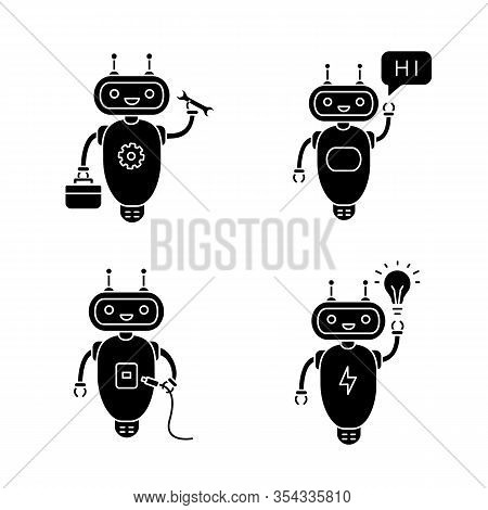 Chatbots Glyph Icons Set. Talkbots. Virtual Assistants. Repair, Usb, Hi, New Idea Chat Bots. Modern 