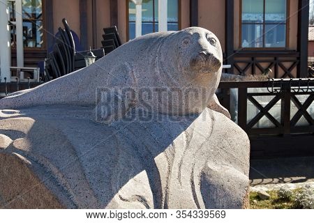 Zelenogradsk, Kaliningrad Region, Russia - April 02, 2019: Sculpture Of The Seal Rurik On The Zeleno