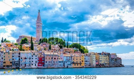 Rovinj Croatia, City Village Of Rovinj Croatia, Colorful Town With Church And Old Historical House B