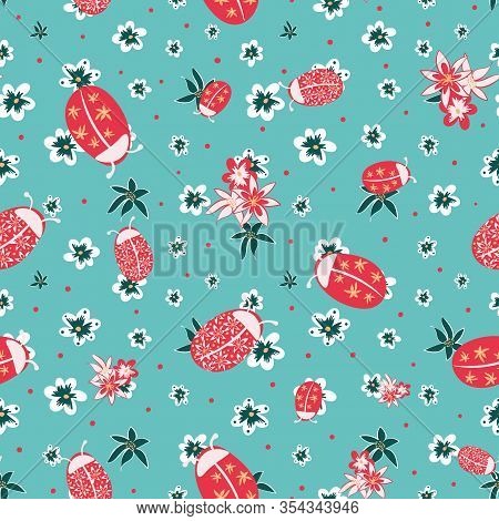 Ladybugs In Flower Garden Seamless Vector Pattern In Blue Red Teal And White. Decorative Childish Su