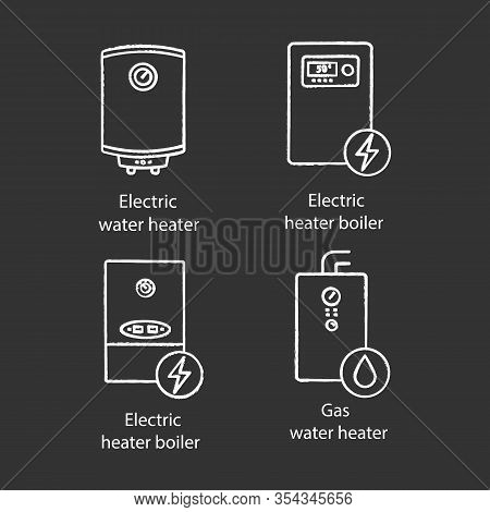 Heating Chalk Icons Set. Central Heating System. Electric And Gas Water Heater And Heating Boilers. 