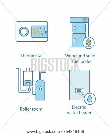 Heating Color Icons Set. Digital Thermostat, Solid Fuel Boiler, Boiler Room, Electric Water Heater. 