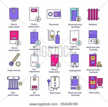 Heating Color Icons Set. Boilers, Radiators, Thermostat. Gas, Electric, Solid Fuel, Pellet, Solar Bo