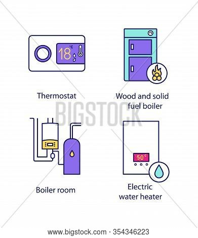 Heating Color Icons Set. Digital Thermostat, Solid Fuel Boiler, Boiler Room, Electric Water Heater. 