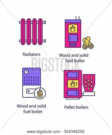 Heating Color Icons Set. Radiator, Firewood And Pellet Boiler, Solid Fuel Heater. Isolated Vector Il