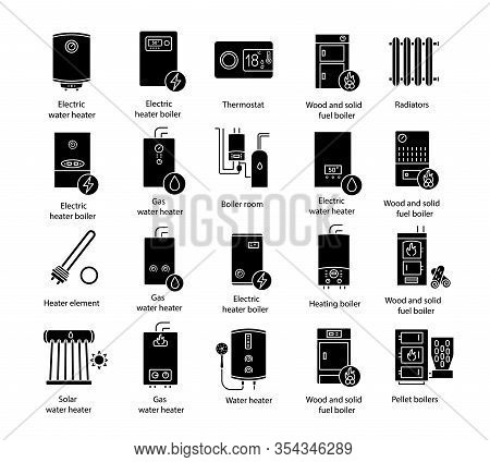 Heating Glyph Icons Set. Boilers, Radiators, Thermostat. Gas, Electric, Solid Fuel, Pellet, Solar Bo