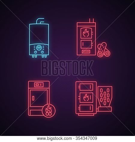 Heating Neon Light Icons Set. Gas Water Heater, Solid Fuel, Firewood And Pellet Boilers. Glowing Sig
