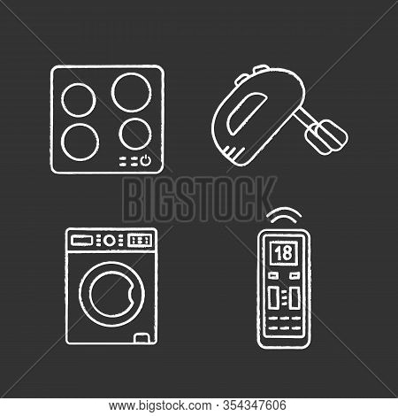 Household Appliance Chalk Icons Set. Electric Induction Hob, Handheld Mixer, Washing Machine, Air Co