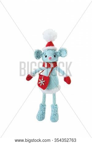 Mouse Blue Knitted With A Red Hat, Mittens And A Bag Stands In Boots On A White Background, Isolate