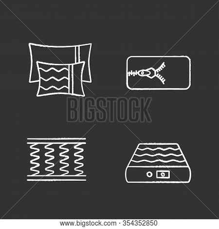Orthopedic Mattress Chalk Icons Set. Pillows, Removable Cover, Spring And Air Mattresses. Isolated V