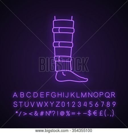 Shin Brace Neon Light Icon. Shin Support. Adjustable Calf Brace. Glowing Sign With Alphabet, Numbers