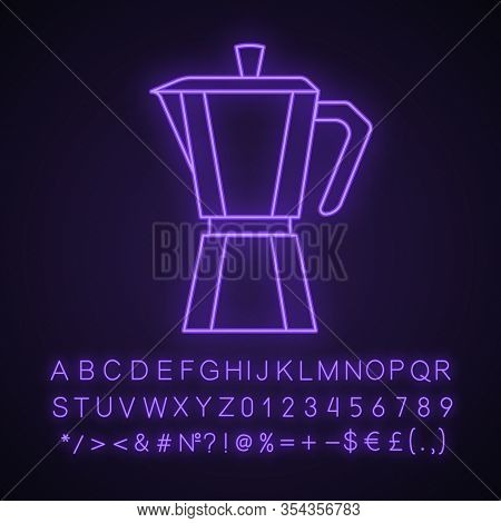 Stove Top Coffee Maker Neon Light Icon. Coffeemaker. Espresso Maker. Glowing Sign With Alphabet, Num