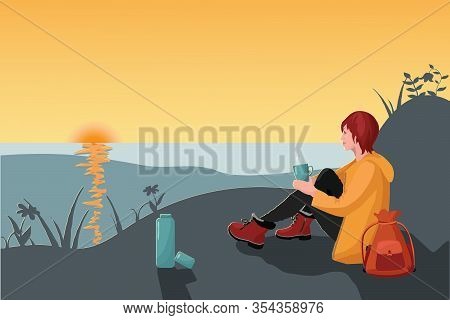 Girl Traveler Drinks Tea And Admires The Sea. Halt On The Mountain, Evening Sunset Or Morning Sunris