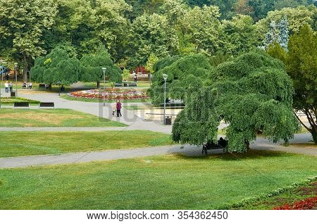 Beautiful City Park Of Vrnjacka Banja, With Old Lush Trees, In Serbia