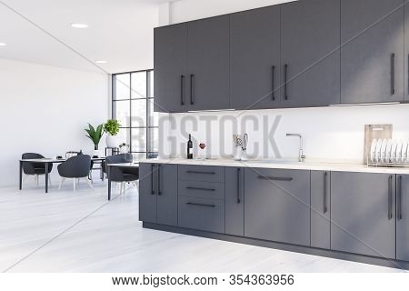 Panoramic White Kitchen Corner, Counters And Table