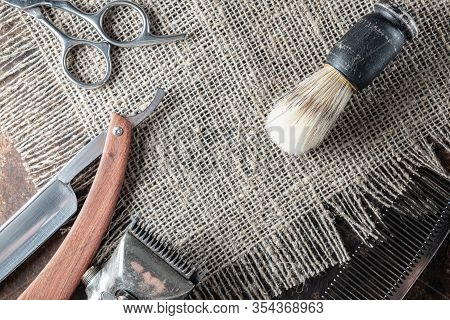 Vintage Barber Tools Dangerous Razor, Hairdressing Scissors, Old Manual Clipper, Metal Comb, Shaving