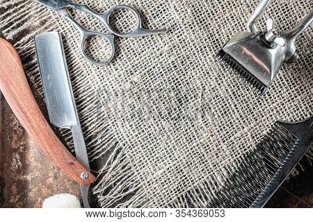 Vintage Barber Tools Dangerous Razor, Hairdressing Scissors, Old Manual Clipper, Metal Comb, Shaving
