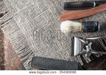Vintage Barber Tools Dangerous Razor, Hairdressing Scissors, Old Manual Clipper, Metal Comb, Shaving