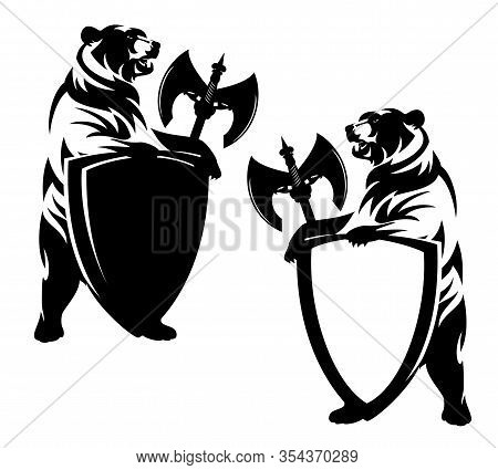 Rearing Up Bear Holding Heraldic Shield And Halberd Axe - Security Concept Black And White Vector De