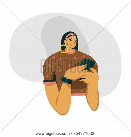 Hand Drawn Vector Stock Abstract Graphic Illustrations With Young Girl Holds A Phone In Her Hands Is