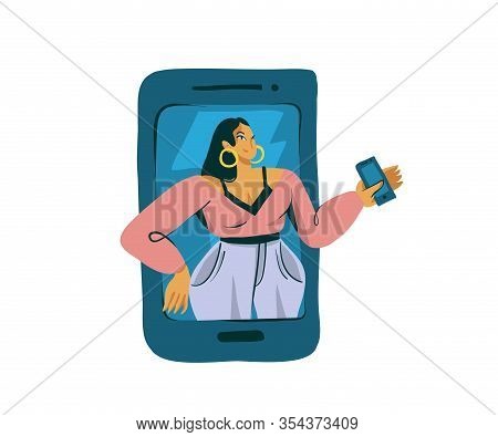 Hand Drawn Vector Stock Abstract Graphic Illustrations With Young Girl Crawls Out In Phone And Holds