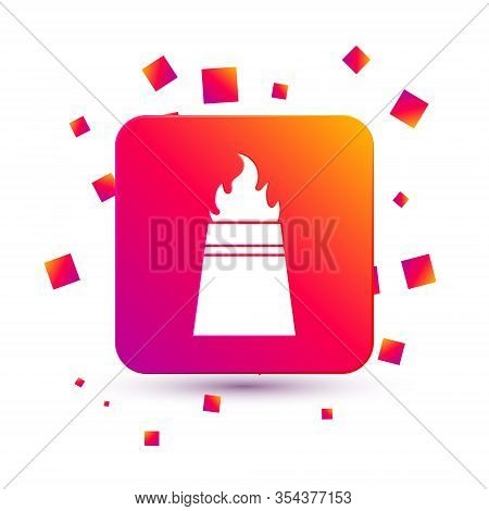 White Oil Rig With Fire Icon Isolated On White Background. Fire Accident. Gas Tower. Industrial Obje