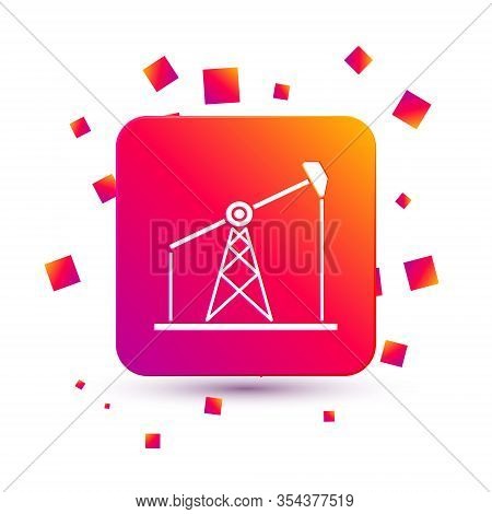 White Oil Pump Or Pump Jack Icon Isolated On White Background. Oil Rig. Square Color Button. Vector 