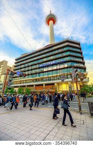 Kyoto, Japan - April 27, 2017: People And Commute Leave Kyoto Station, Karasuma Side. On Background,