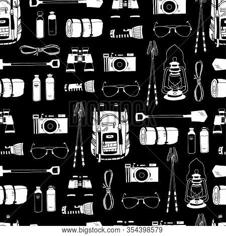 Monochrome Vector Seamless Pattern With White Objects Isolated On Black. Endless Texture. Backpack, 