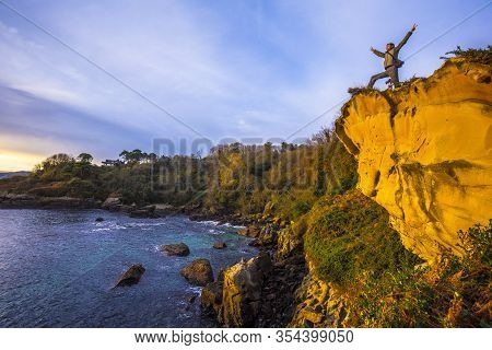 Fuenterrabia, Guipuzcoa / Spain »; February 2018: A Young Man Enjoying The Sunrise In Fuenterrabia