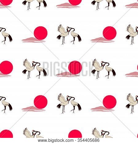 Modern Crane, Great Design For Any Purposes. Seamless Vector Pattern. Colorful Nature Background.