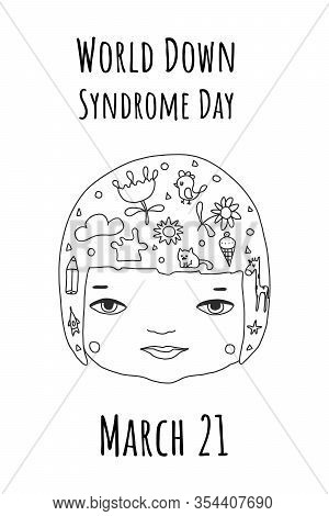 Concept Of Down Syndrome. Smiling Face Of A Disabled Girl Isolated On A White Background In The Styl