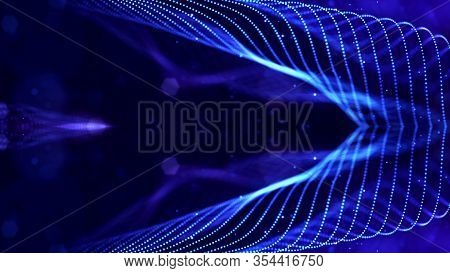 Blue Motion Design Background With Symmetrical Pattern. Abstract Sci-fi Background With Glow Particl