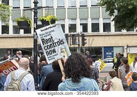 Bristol, Uk - June 10, 2017: A Protester Holds A Placard Calling For Rent Controls At A Demonstratio