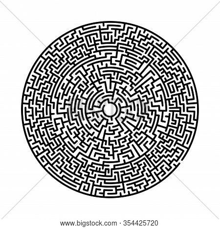 Difficult Circle Maze. Hard Round Vector Labirinth. Vector Black Circle Maze On White Background. Ed