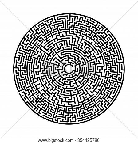 Difficult Circle Maze. Hard Round Vector Labirinth. Vector Black Circle Maze On White Background. Ed
