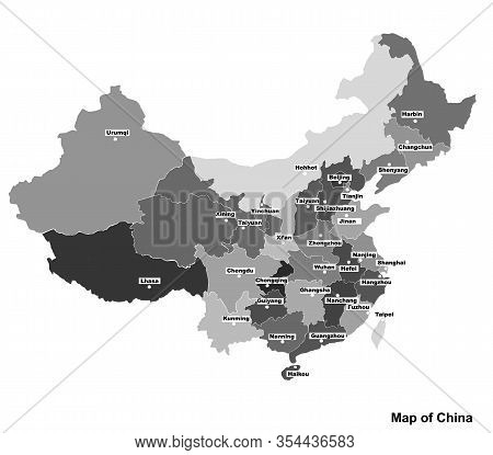 Map Of China With Regions And Cities. White And Black Graphic Illustration With Map Of China. Chines