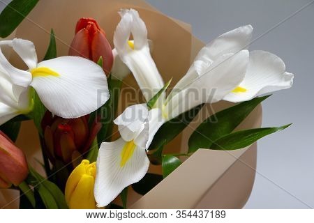 Detail Closeup Fresh Spring Bouquet Of Tulip, Iris, Ruscus On A Gray Background, Selective Focus