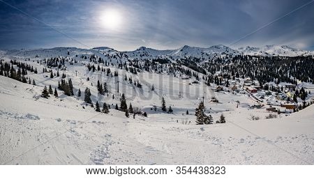 Snowy peaks, Planneralm skiing resort in winter,  Austrian Alps