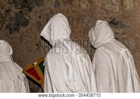 Puget-theniers, France - February 26, 2020: The Traditional Annual Parade Of White Penitents