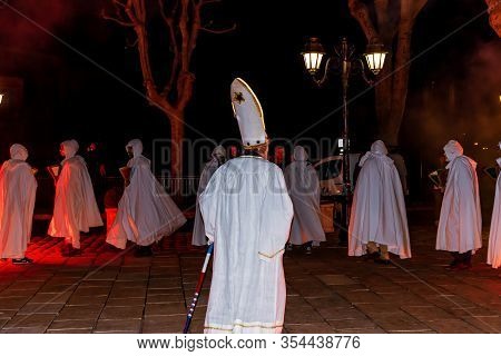 Puget-theniers, France - February 26, 2020: The Traditional Annual Parade Of White Penitents