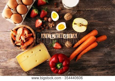 Allergy Food Concept. Allergy Food As Almonds, Milk, Cheese, Strawberry, Eggs, Peanuts And 
Crustace