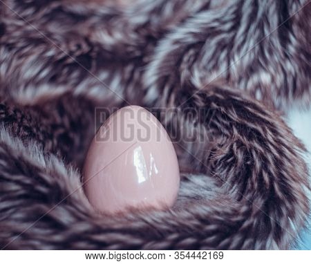 Easter Background With Easter Eggs. Soft Focus, Bokeh Effect. Happy Easter Greeting Card Template In