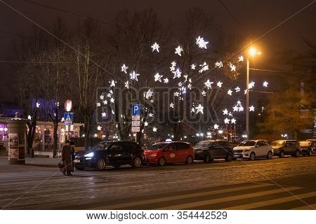 Riga, Latvia - January 14, 2018: Night Winter View Of The Zigfrida Annas Meierovica Bulvaris Street 