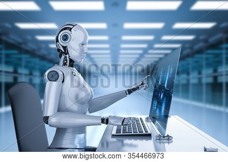 Automation Worker Concept With 3d Rendering Female Cyborg Working In Office