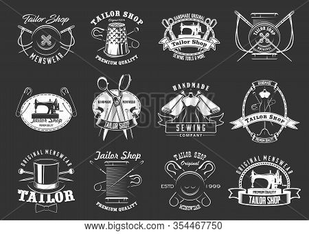Sewing And Tailor Vector Icons Set. Monochrome Sewing Machine And Scissors, Thread And Needles, Butt