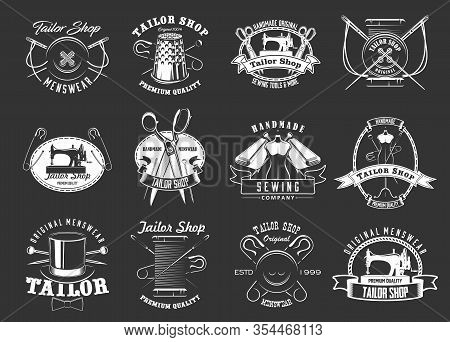 Sewing And Tailor Vector Icons Set. Monochrome Sewing Machine And Scissors, Thread And Needles, Butt